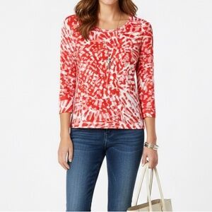 St. John Red and White Stretchy Abstract Women's Top - Size Small
